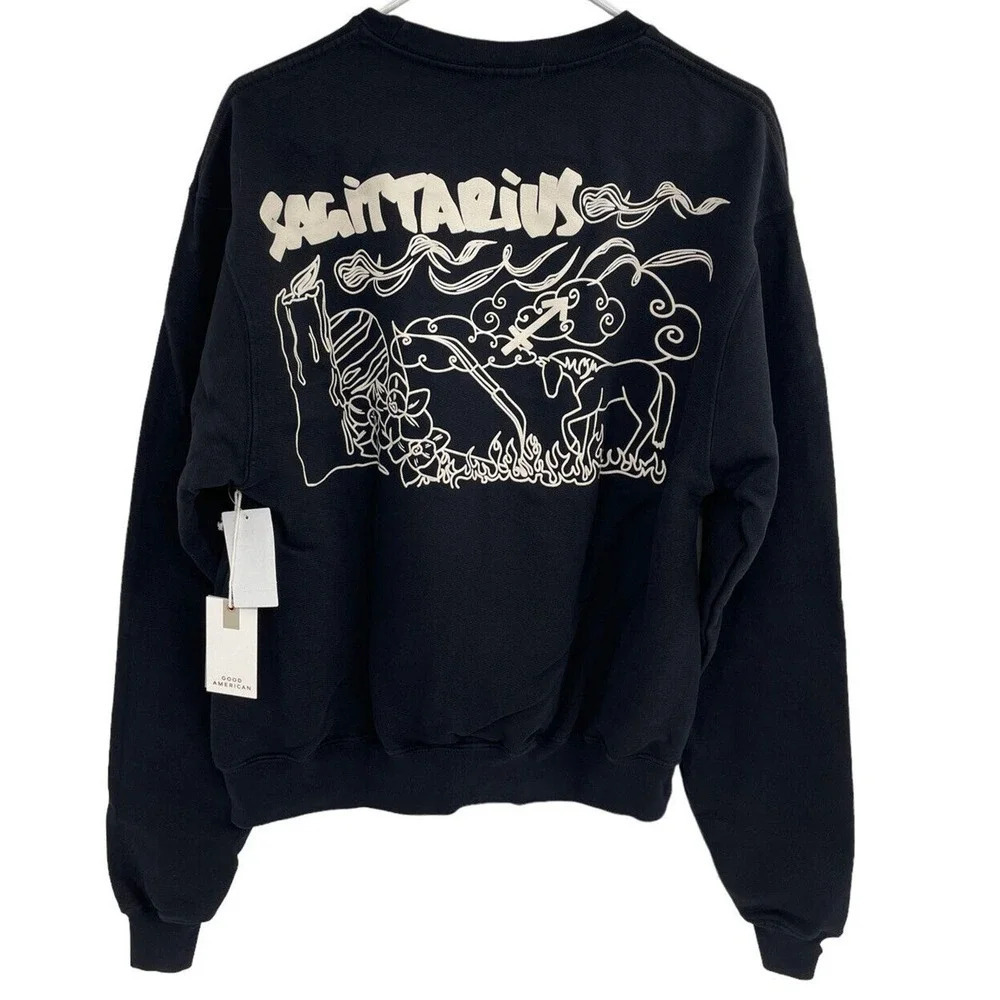 GOOD AMERICAN Sweatshirt Size 0 XS Zodiac Boyfriend Sagittarius Black Crew Neck